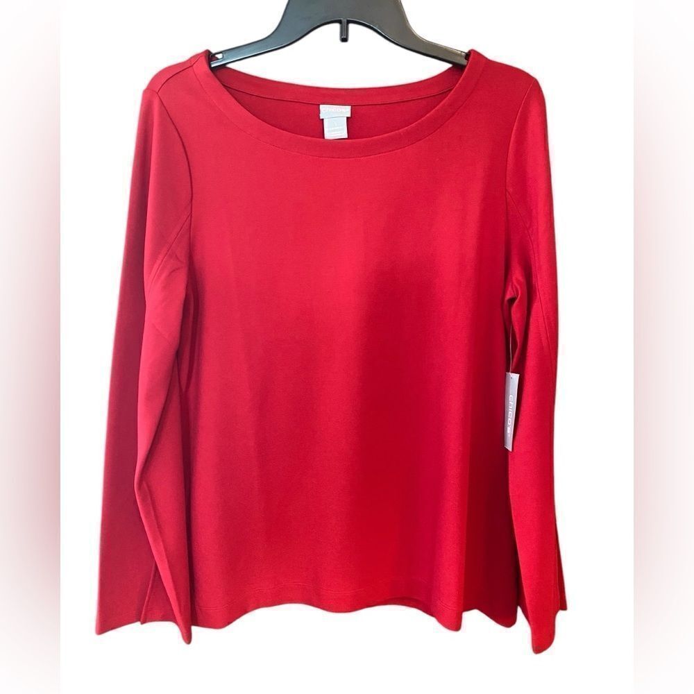 Chico’s NWT Sz 1/M Holiday Red Boatneck Long Split Sleeves Stretch Top